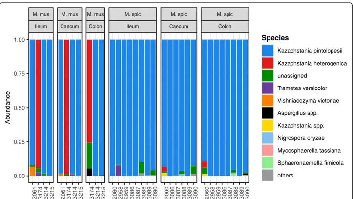 Fig. 6 Composition of the murine gut mycobiome. Variation in the dominant fungal taxa of two mouse species (Mus musculus and Mus spicilegus) and across gut sections