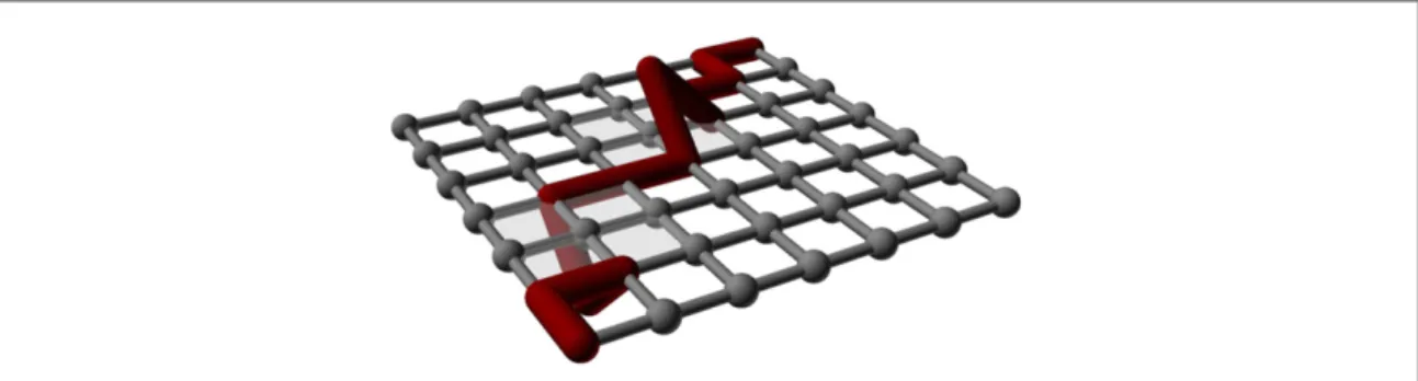 Figure 3. The red string denoting the current state of the computation runs from top to bottom of the lattice through a set of sites