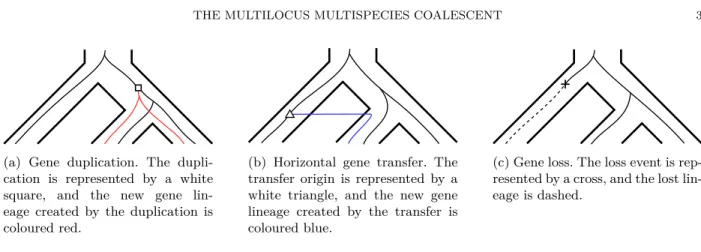 Figure 1: Tree representations of a gene duplication, a horizontal gene transfer, and a gene loss, respectively