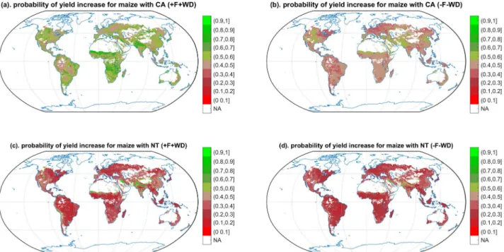 Figure 4.  Probability of yield gain with CA and NT vs. CT maize. Only the cropping regions are presented