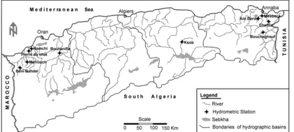 Figure 1. Northern Algeria hydrographic basins and location of the  considered hydrometric stations