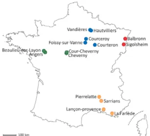 Figure  4.  Map  of  B.  cinerea  populations  collected  from  four  French  areas  on  various  host  plants  between  2002  and 2015