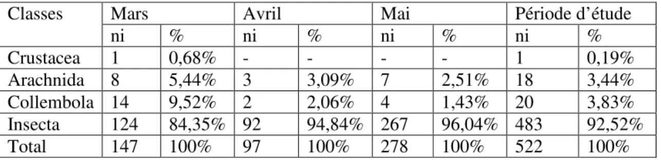 Tableau 7 : Classes disponibles dans la friche  durant la période d'étude 