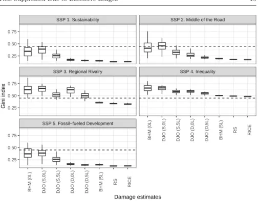 Fig. 4 Boxplot of the Gini index in 2100, for combinations of socioeconomic assumptions (panel) and damage functions (x-axis)