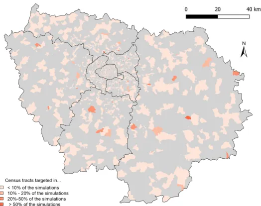 Figure 7: Census tracts that are targeted with the baseline criterion - explo- explo-ration of alternative options for α and β