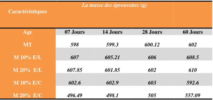 Figure IV.3. Masses des éprouvettes des différents types des mortiers. 