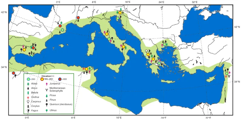 Figure 1: Inferred last glacial refugia (circles) of a few tree populations (symbols) from fossil pollen records collected from wetlands located at different elevations (modified  from Tzedakis 2009)