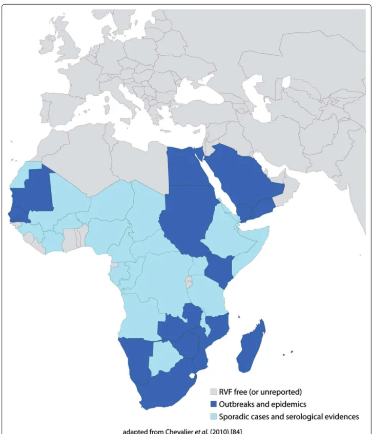 Figure 1 Geographical distribution of Rift Valley fever. Rift valley fever is historically endemic to many countries of sub-Saharan Africa