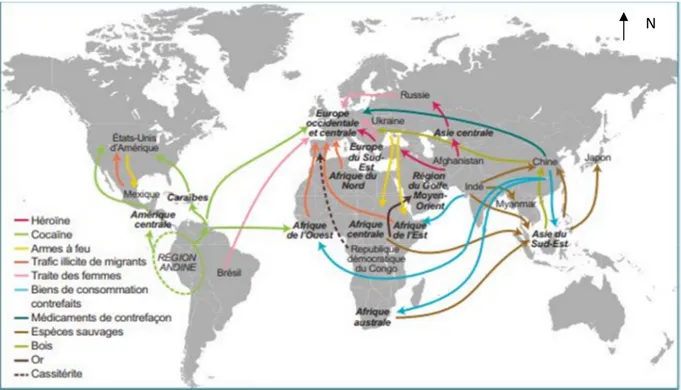 Figure I.1 : les itinéraires internationaux de la criminalité transnationale organisée                                         (ONUDC, 2010)