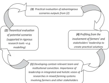 Figure 1 Four interrelated strategies for helping to warrant effective research–management processes in a trans-disciplinary holding  environ-ment for mixed farming systems developenviron-ment.