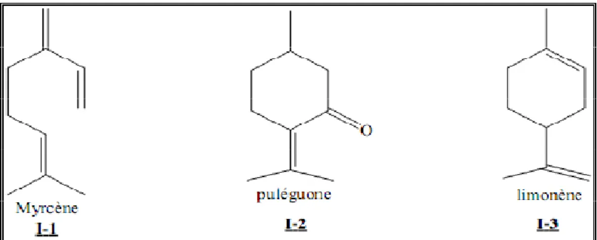 Figure 2 : Exemples de quelques mono terpènes (Menacure;2011) 