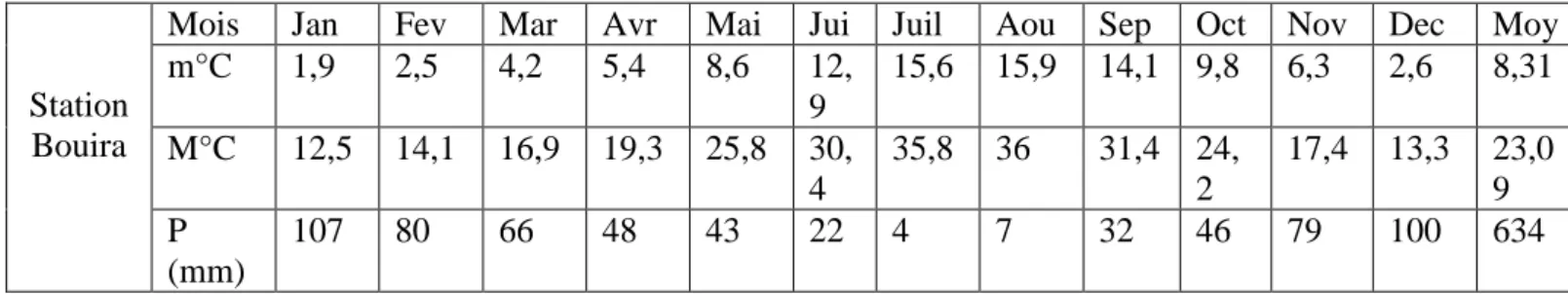 Tableau  n°  4 :  variation  moyenne    mensuelle  des  températures  et  des  précipitations    de  la  station de Bouira de la période (1964- 2012)