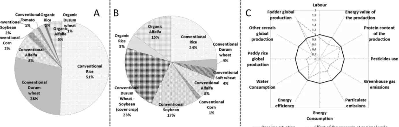 Fig. 1. Crops allocations at regional scale for baseline situation (A) and under scenario 1 (B1), and Comparison of  performances for the baseline and the simulated scenario at regional scale (C) 