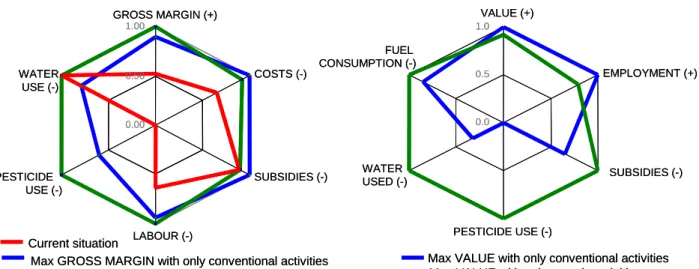 Figure 2. A: Current situation for a middle size specialized rice producer and under scenarios of maxi- maxi-mization of gross margin with conventional and organic activities scenarios