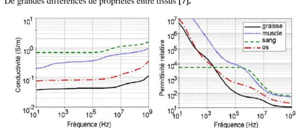 Figure I. 5: Conductivité électrique et permittivité diélectrique de quelques tissus  biologiques.[4] 