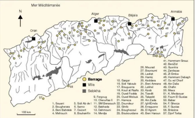 Figure I.4: Répartition des barrages en exploitation dans le Nord algérien,(Remini B,  LeducC, et Hallouche W, 2009)