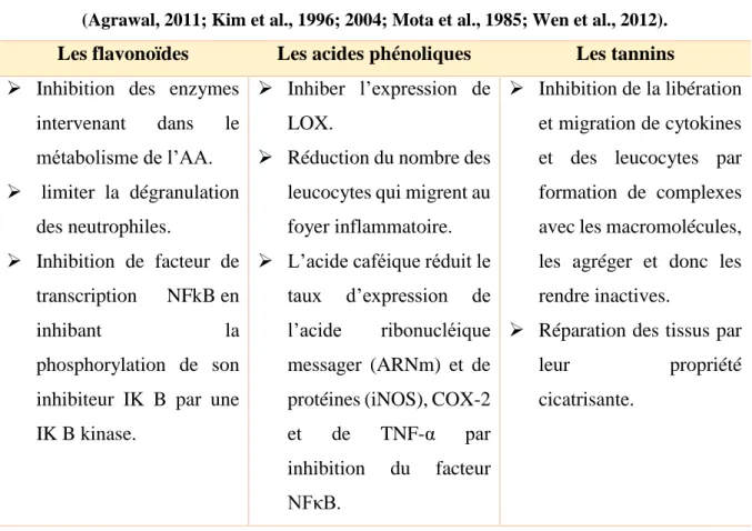Tableau V : Mode d’action anti-inflammatoire des flavonoïdes, acides phénoliques et des tanins  (Agrawal, 2011; Kim et al., 1996; 2004; Mota et al., 1985; Wen et al., 2012)