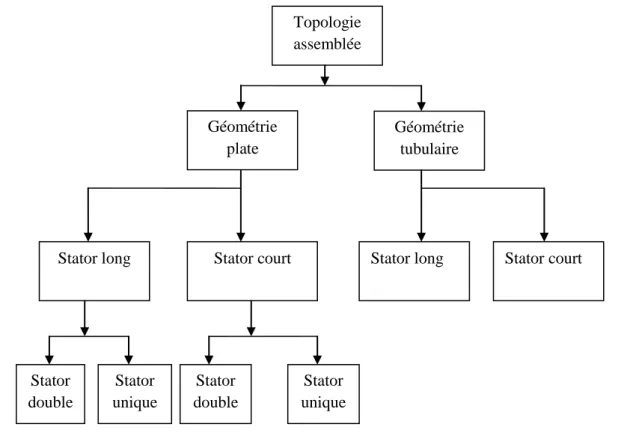 Figure I.2. Topologie du moteur linéaire Topologie assemblée Stator unique Stator double Stator unique Stator double Stator court 