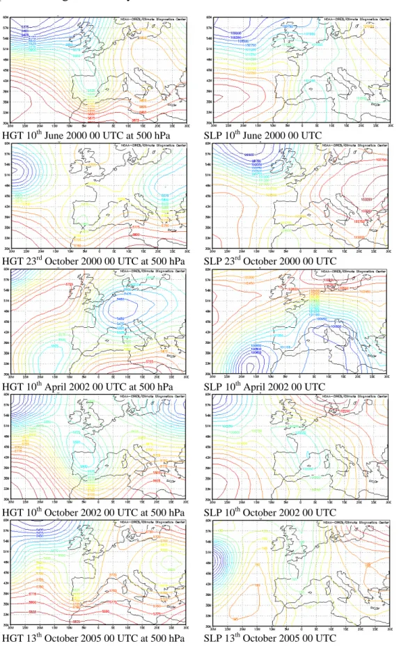 Figure 3. Synoptic maps at 500 hPa and sea level pressure. One day for each event is presented