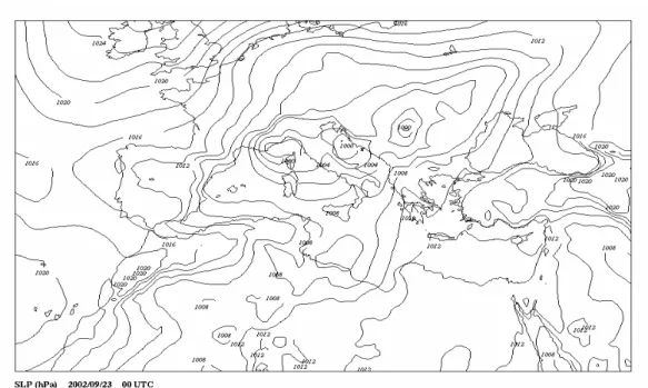 Figure 2. Surface pressure of 23 rd  September 2002 at 00 UTC, from ECMWF–model analyses
