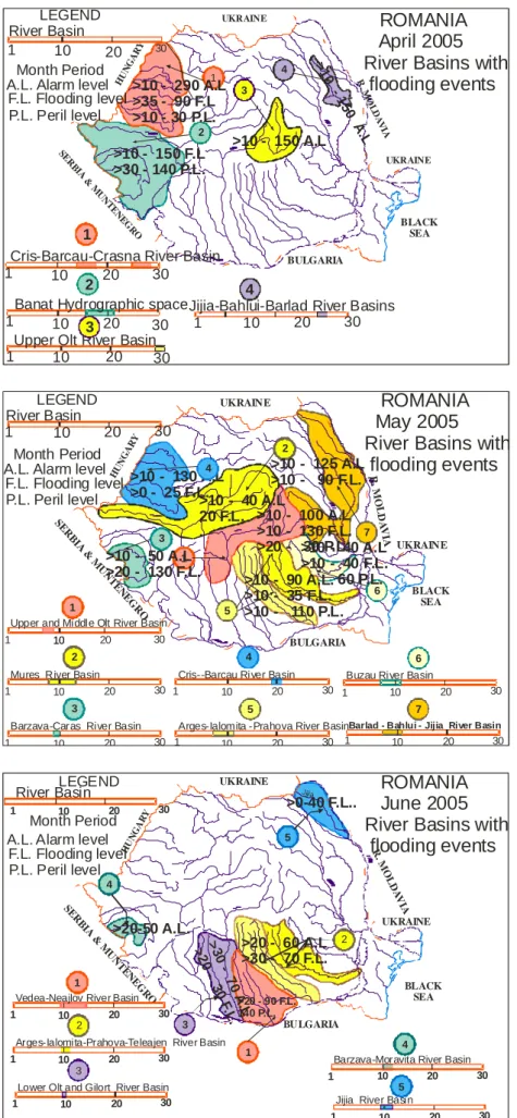 Figure 3a.  Spatial distribution of the flood characteristic levels from April to June 2005
