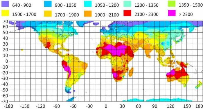 Figure I.4 : Carte du monde de l’ensoleillent moyen (kWh/m 2  an). 