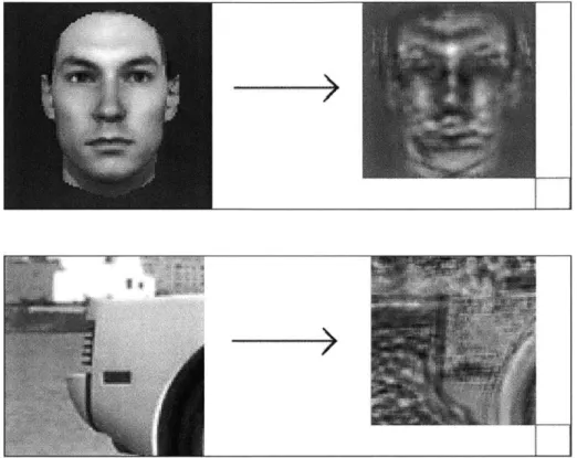 Figure  3-2:  An  18  x  16  global  classifier  trained  on  images  of  the  bridge  of the  nose is  run  over  two  input  images,  one  of  a  face  and  one  of  a  non-face