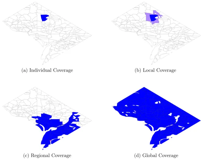 Figure 2-1: Different hierarchies of coverage for Washington D.C. Illustrates the geo- geo-graphical regions corresponding to (a) individual regions, (b) each region with those adjacent to it, (c) drivetime coverages from each station, and (d) the whole of