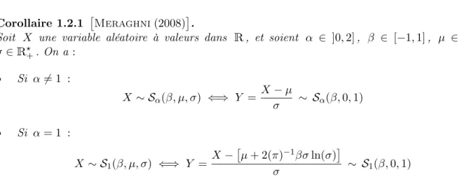 Table 1.2.1 Espérance et variance de la variable aléatoire X ∼ S α (β, µ, σ) selon les valeurs de α .