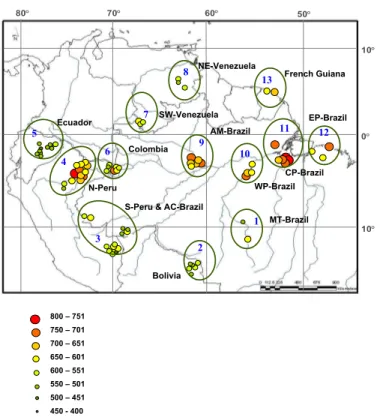 Fig. 1. Schematic representation of regions across the Amazon Basin. Each symbol represent one plot and the size of the symbol shows the arithmetic mean D x (kg m −3 )
