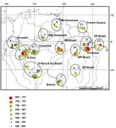 Fig. 1. Schematic representation of regions across the Amazon Basin. Each symbol represent one plot and the size of the symbol shows the arithmetic mean D x (kg m −3 )