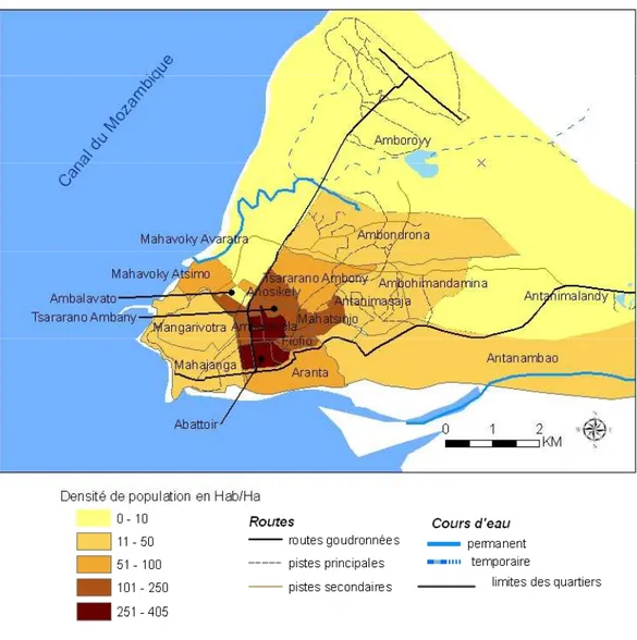 Figure I-8 : Densité de population dans la Commune urbaine de Mahajanga  Source : Balyuk et auteur, 2009, inspiré du PUDi (2004) 