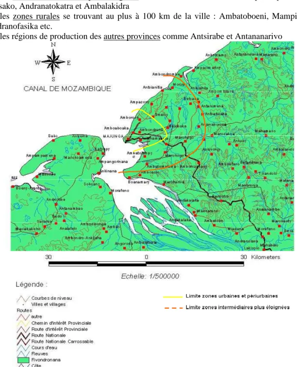 Figure I-9: Délimitation des zones urbaines et périurbaines et des zones plus éloignées approvisionnant  Mahajanga en produits maraîchers