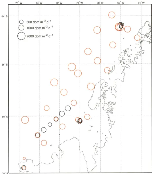 Figure  5  234 Th  fluxes  at  the  PPZ  in  the  summer  (red)  and  autumn  (black)  off the  WAP.