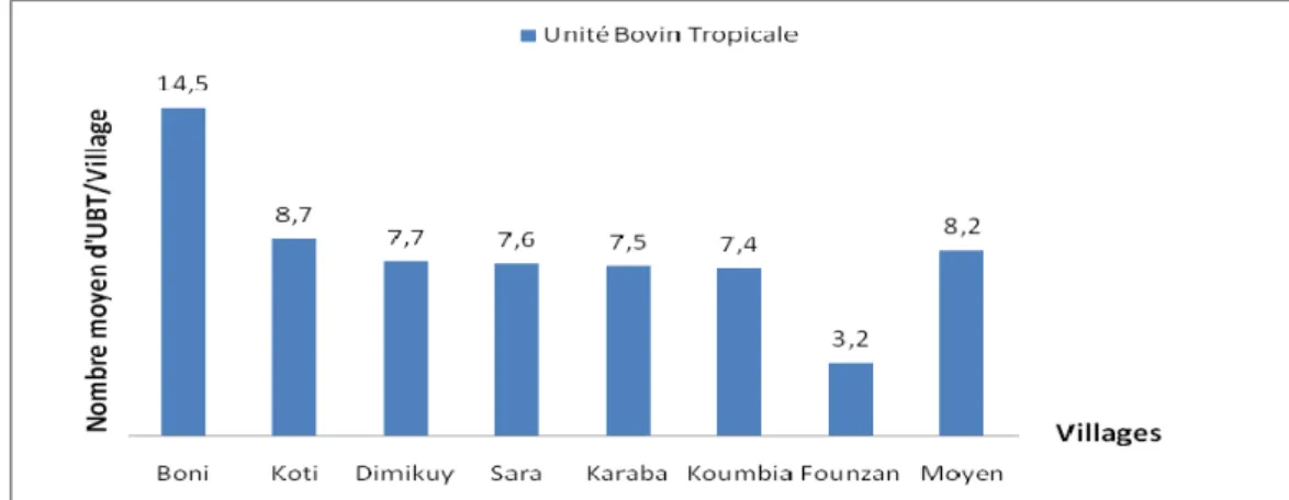 Figure X : Nombre moyen d’unité bovin tropicale affourragé avec le Mucuna par village 
