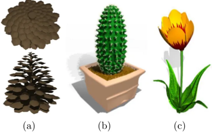 Fig. 3. (a) a pine cone, (b) a cactus and (c) a tulip. Models were created with simple Python procedures that create and position organs, like petals and leaves.