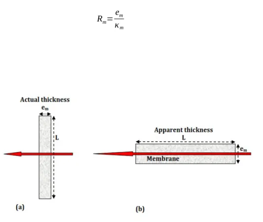 Fig. 3. Effective membrane thickness for the different cell configurations. a) actual thickness e m  in the case of normal measurements, b) apparent thickness L (corresponding actually to the sample length) in the case of lateral measurements (this configu