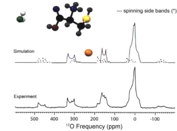 Figure  2.3.  170  MAS  NMR  spectrum  of three  resolved  oxygen  sites  present  in  L-cysteine  HCI  - H 2 0  acquired  at 21.1  T  (bottom)
