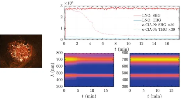 Figure 7. Left: o-ClAN-pellet before exposure. The pellet measures 5 mm in diameter. Right top: 