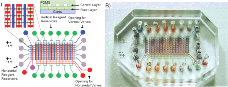 Figure 13. Layout of the element addressable microdevice for SPRi experiments, depicting the 264 chamber microarray, accessed by various features, such as a micropump, microvalves, micromixers, input/output channels, and a row multiplexer