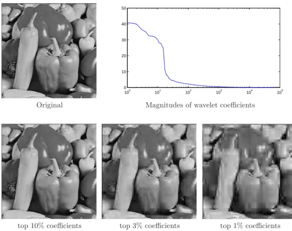 Figure 1-2: Example of sparse approximations in a wavelet basis. On top: original 256 × 256 image along with a plot of (sorted) magnitudes of the db2 wavelet coefficients