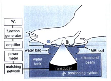Figure  2-3:  Diagram  of  the  experimental  set-up.  Inside  the  MRI  magnet  room,  the transducer  was  mounted  on  a  manual  MR-compatible  3-D  positioning  system  and immersed  in  a  water  tank  integrated  into  the  MRI  table