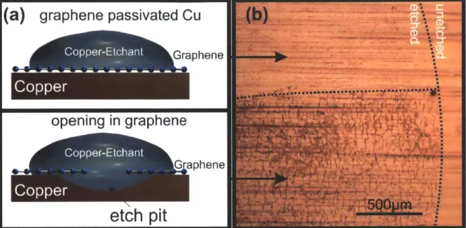 Figure  12  Schematic  of  the  graphene  passivated  etching  process:  In  the case  of  complete  graphene coverage  (upper panel)  no  etching  occurs  but openings  in the  graphene  film  result in etch  pits  in the copper  substrate  (lower  panel)