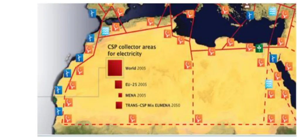 Fig. 4.   Indicative positioning of the wind and solar sites (tallies of the  Desertec project) [8]