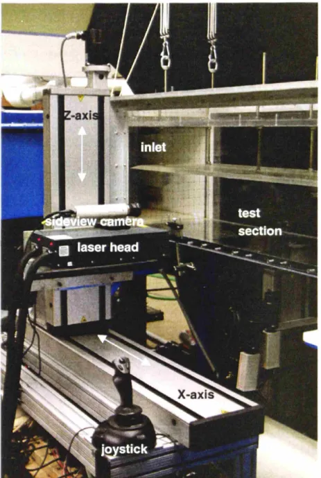 Fig. 4.4 Two axis robot and joystick used to position the laser and sideview camera. The robot is seated on a support table constructed from 80/20 brand aluminum beams