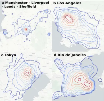 FIG. 7. Empirical equipotential curves. Equipotential curves calculated with commuting flows obtained from  Twit-ter data for several world cities and conurbations