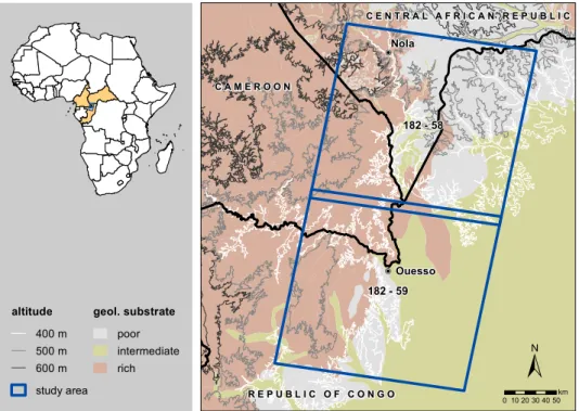 Figure 2.1 – Area of the study in the north-western Congo Basin, determined by the footprint of LANDSAT scenes path 182, rows 58 and 59 (blue boxes)