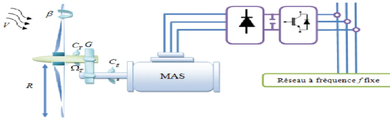 Figure 1.13 : Système éolien basé sur la machine asynchrone à cage à fréquence variable [05]  