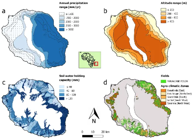 Fig 1. Soil, climate and cane field data over Reunion Island. Annual precipitation (a) and altitude  range (b) were used to  define climatic areas