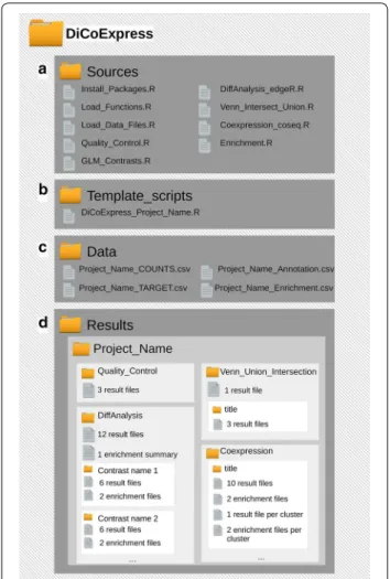 Fig. 1  DiCoExpress workspace. A visual representation of the  DiCoExpress Workspace. a Sources directory contains all R functions  implemented in DiCoExpress